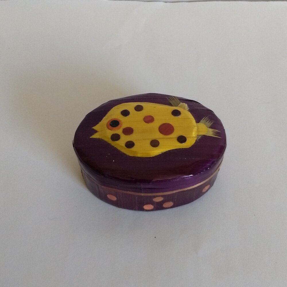 Oval Purple & Yellow Wood Fish Box Red Velvet Lining Lidded Home decor Boho